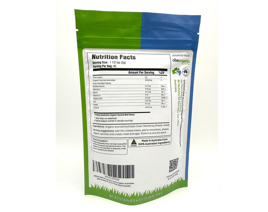GRASSLAND NUTRITION organic beef kidney packaging shows halal sourced, premium quality.