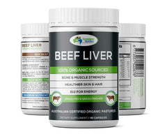 Grassland Nutrition organic beef liver packaging emphasizing organic sourcing.