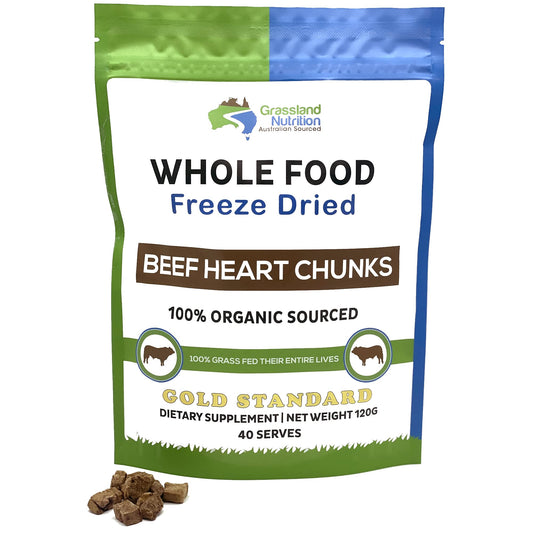 Grassland Nutrition Organic Heart Chunks Pack, convenient energy snack with CoQ10 and B vitamins.