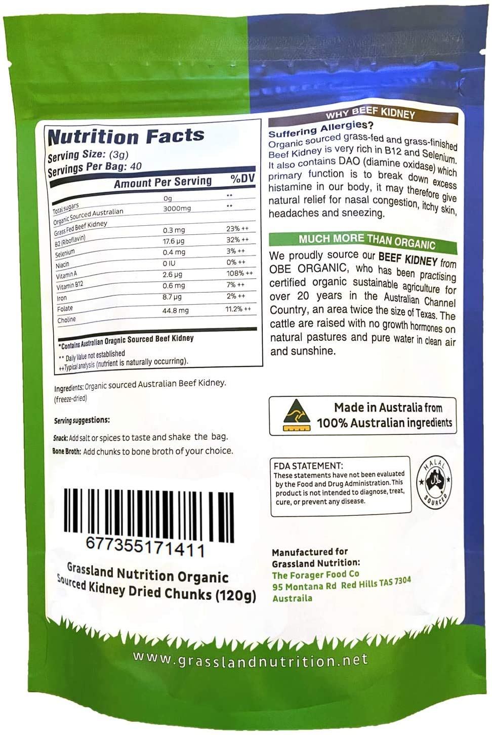Grassland Nutrition Organic Kidney Freeze Dried Chunks closeup—prime texture for wholesome snacking.