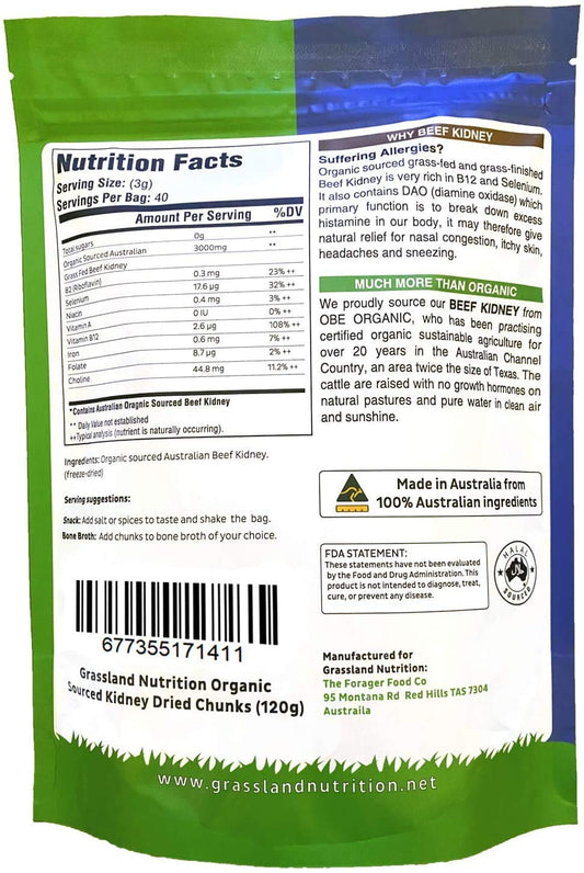 Grassland Nutrition Organic Kidney Freeze Dried Chunks closeup—prime texture for wholesome snacking.