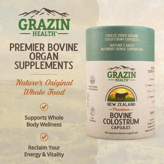 GRAZIN HEALTH colostrum capsules close-up for convenient daily use.
