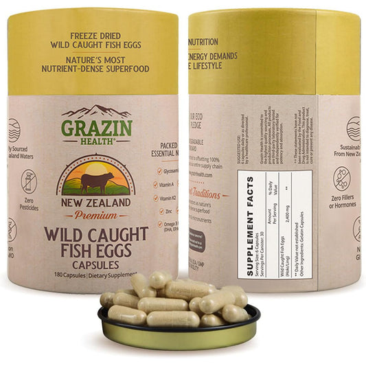 GRAZIN HEALTH fish eggs capsules bottle, omega-3 rich supplement for daily wellness.