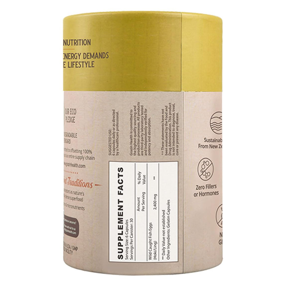 GRAZIN HEALTH fish eggs capsules close-up, showing DHA and EPA density.
