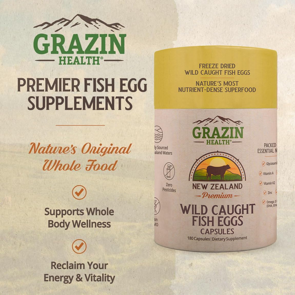 GRAZIN HEALTH capsules on shelf, premium marine nutrition.