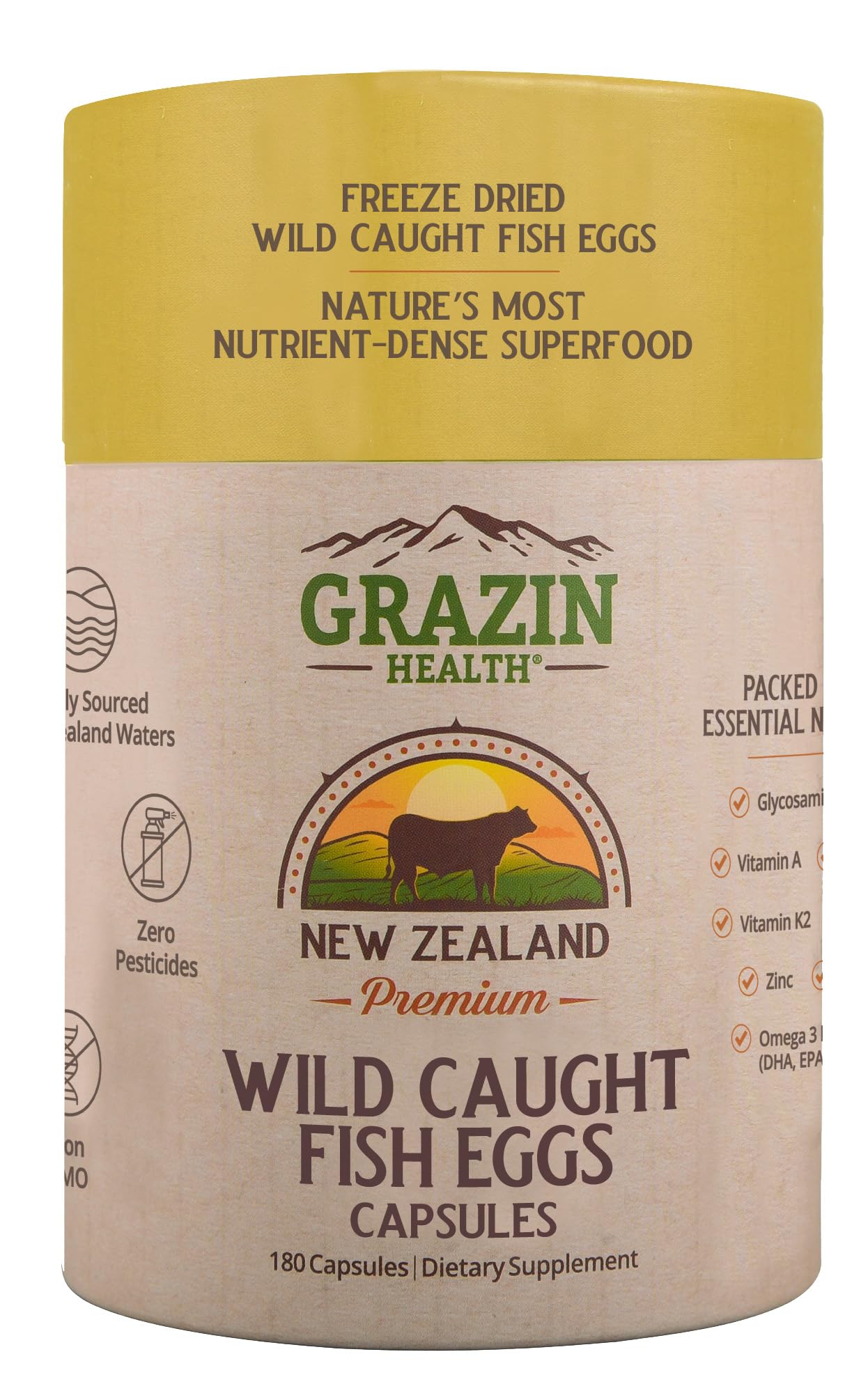 GRAZIN HEALTH capsules pour, easy to swallow omega-3 source for morning routine.