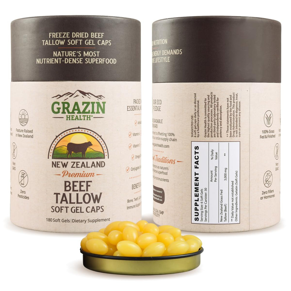 GRAZIN HEALTH grass-fed beef tallow capsules bottle—convenient fats for keto and paleo.