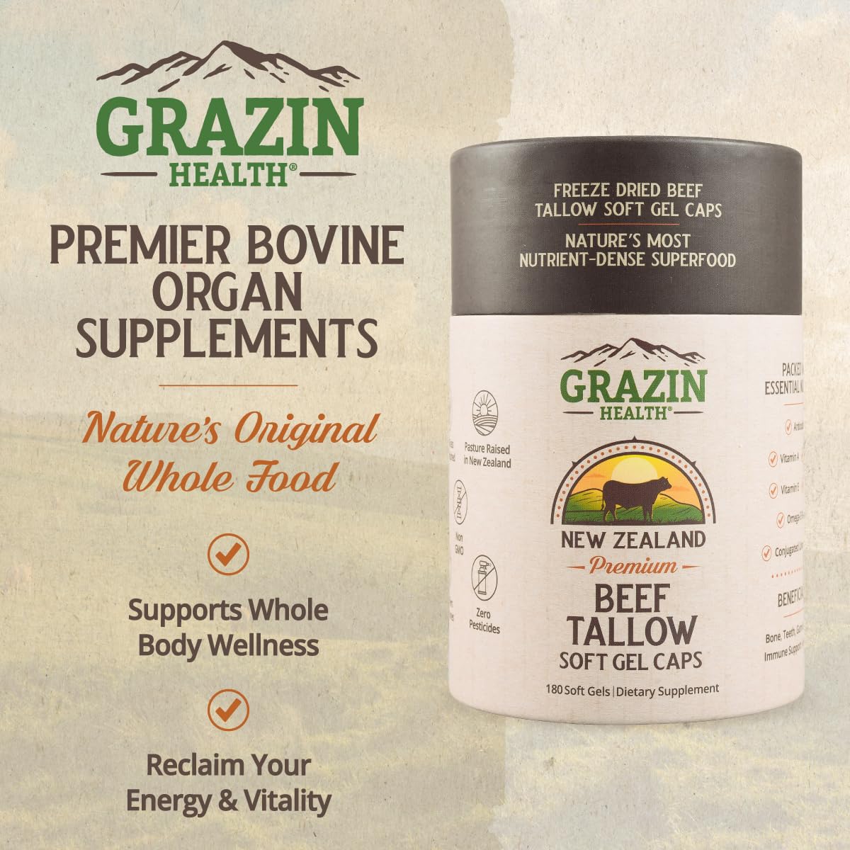 Close-up of GRAZIN HEALTH capsules with a clean label for daily fats.