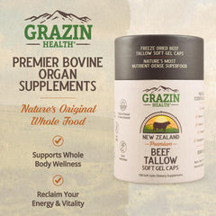 Close-up of GRAZIN HEALTH capsules with a clean label for daily fats.