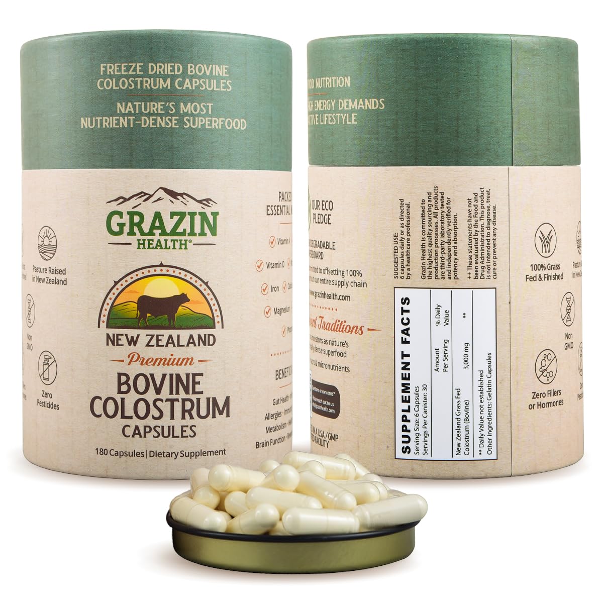 GRAZIN HEALTH grass-fed bovine colostrum bottle for daily digestive support.