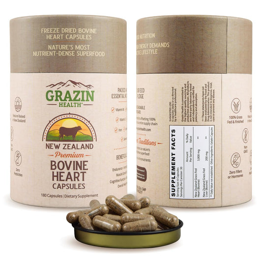 GRAZIN HEALTH grass-fed heart-liver capsules for heart health and daily vitality.