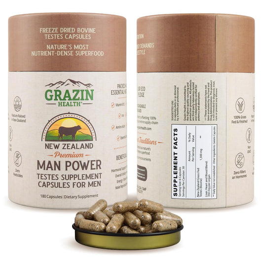 GRAZIN HEALTH grass-fed testes capsules bottle on shelf highlighting energy support.