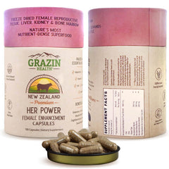 GRAZIN HEALTH Her Power bottle front highlights grass-fed NZ sourcing for daily nutrient intake.