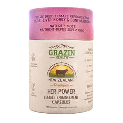 GRAZIN HEALTH Her Power capsules close-up, showcasing pure, additive-free organ blend for convenient daily use.
