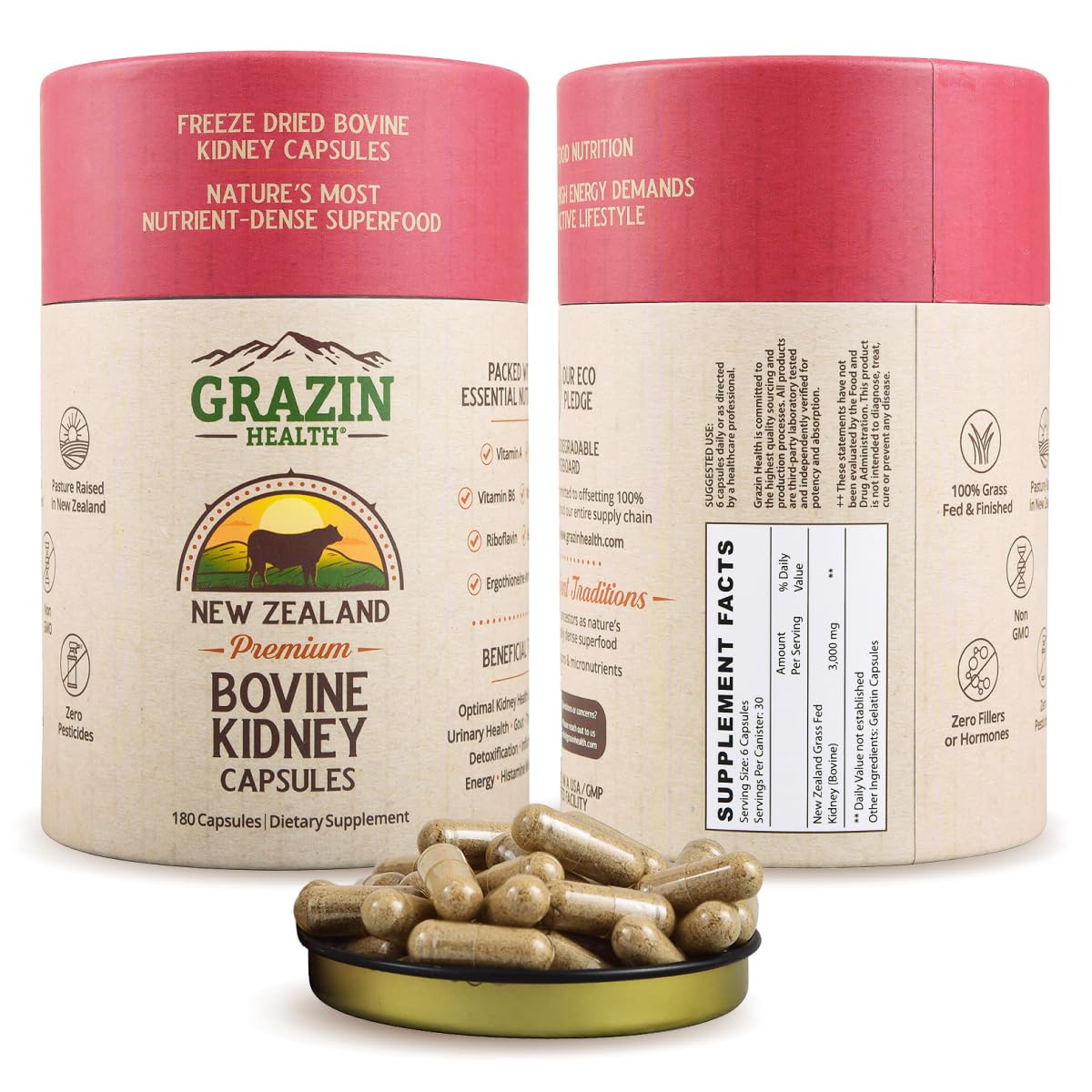 GRAZIN HEALTH kidney capsules bottle for convenient whole-food kidney support