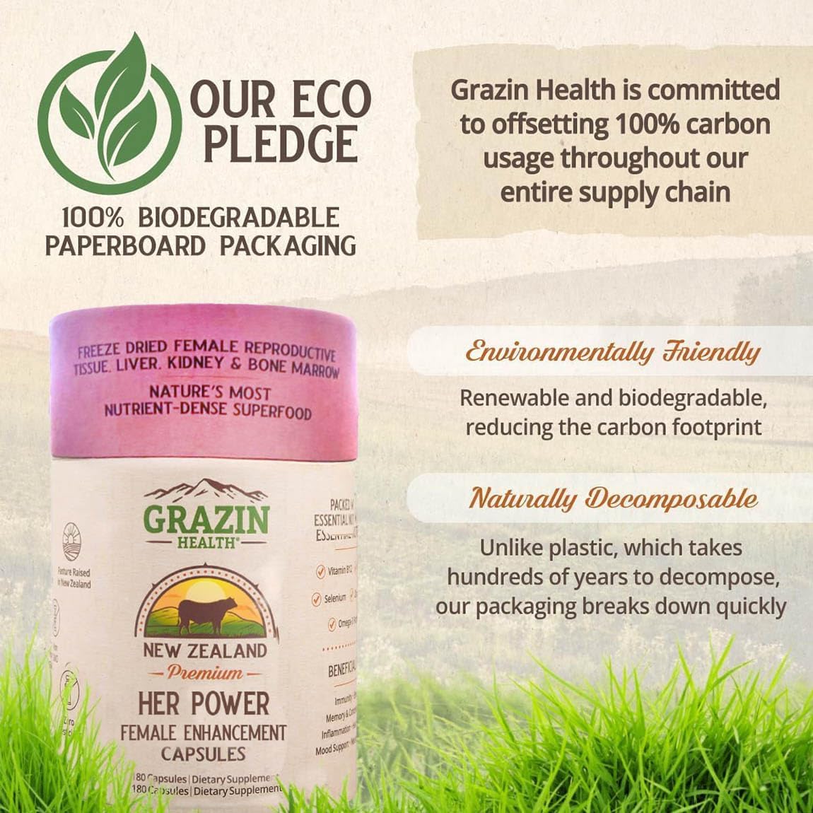 GRAZIN HEALTH NZ pasture scene reinforces ethical sourcing and nutrient-rich ingredients.