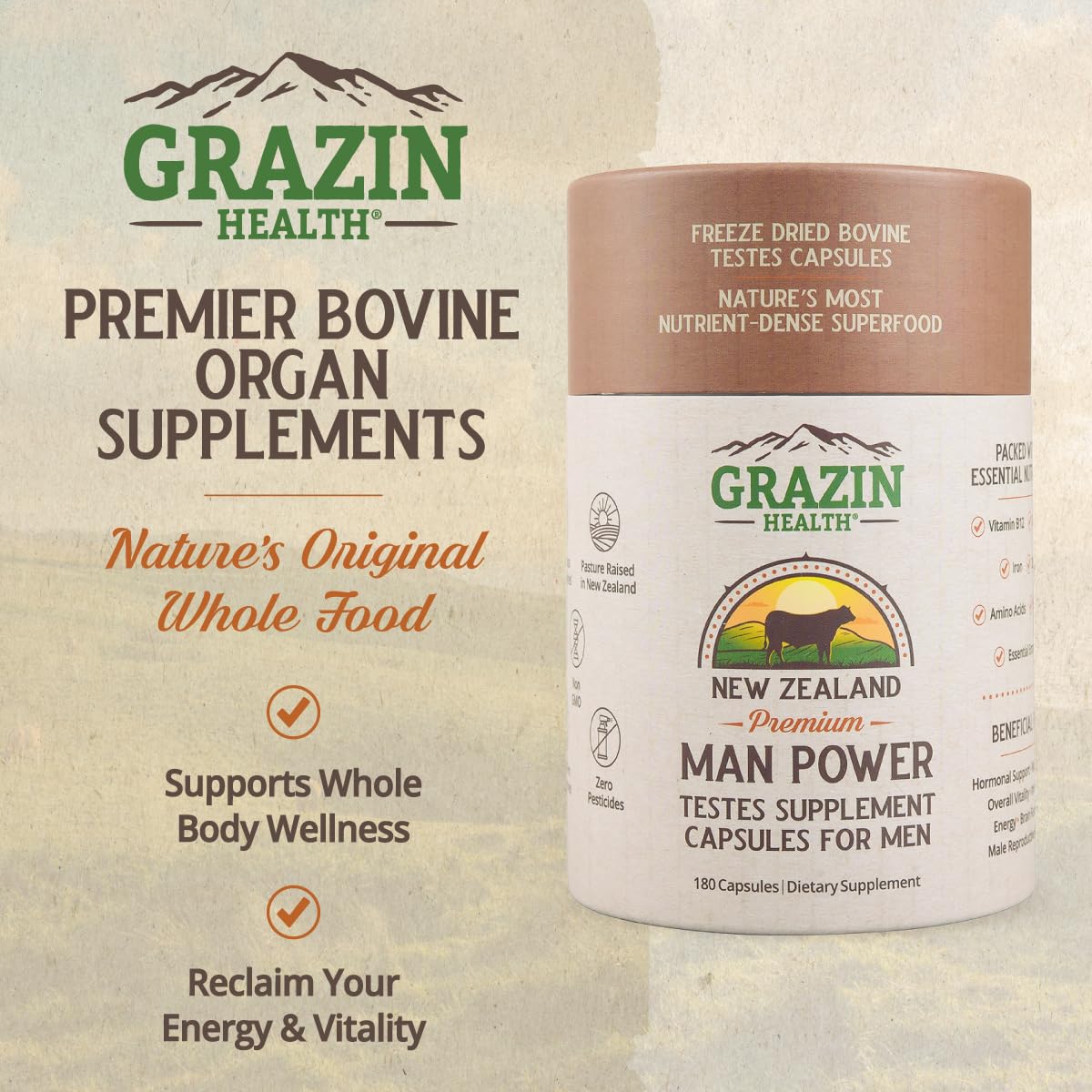 GRAZIN HEALTH testes capsules closeup emphasizing convenient daily energy.