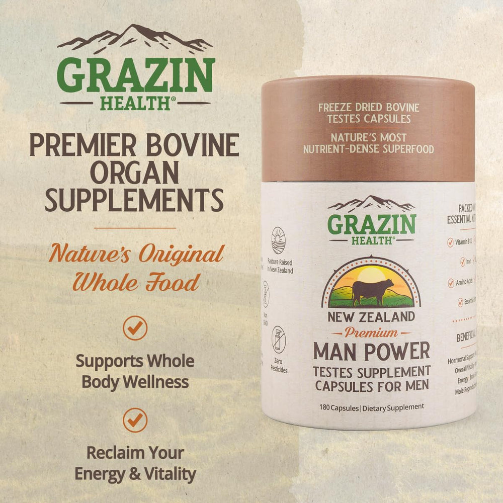 GRAZIN HEALTH testes capsules closeup emphasizing convenient daily energy.