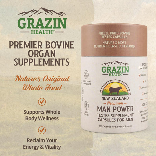 GRAZIN HEALTH testes capsules closeup emphasizing convenient daily energy.