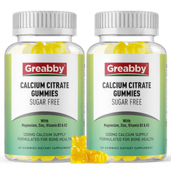 GREABBY Calcium Citrate Gummies bottle front promotes sugar-free bone support.