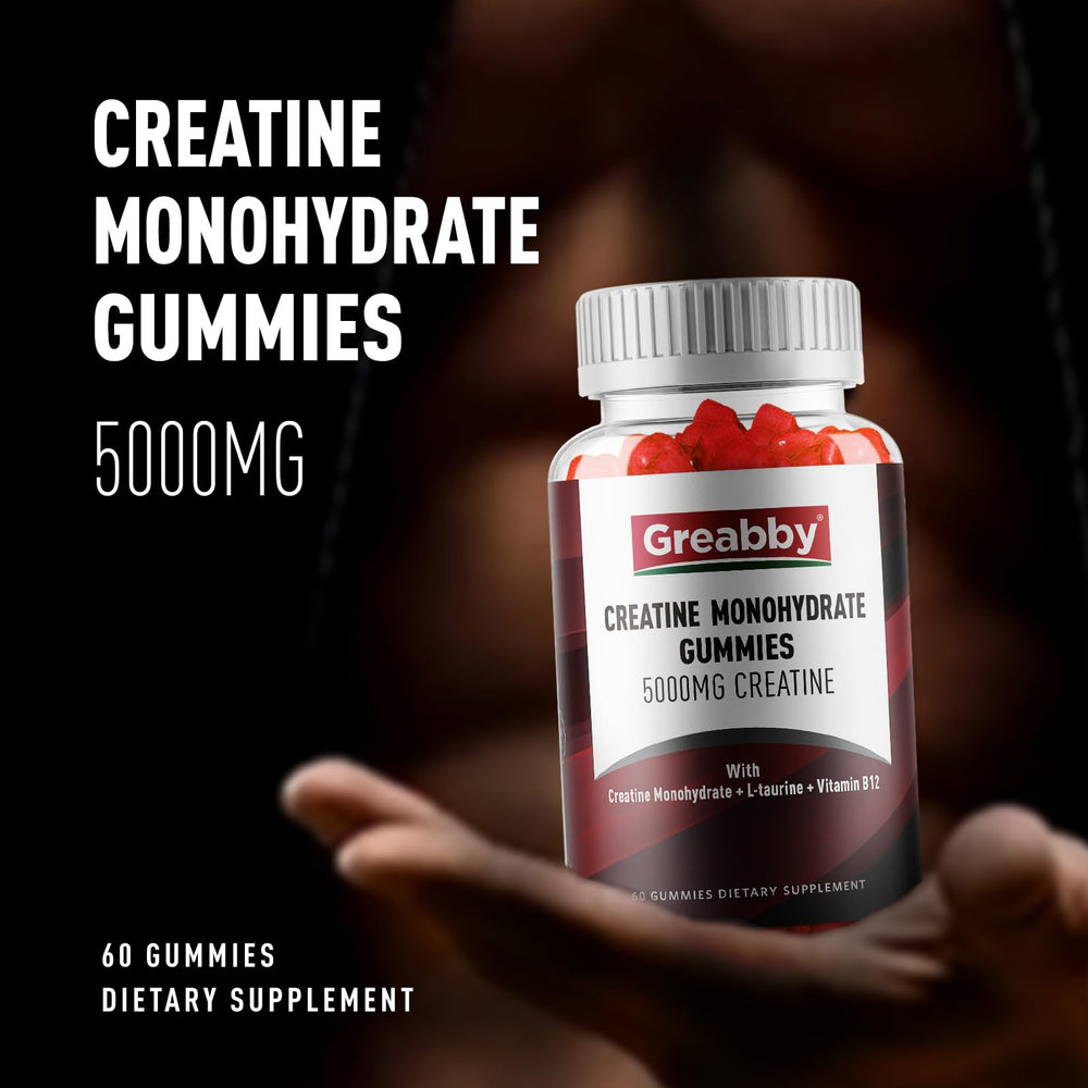 GREABBY Creatine Gummies mixed berry flavor label and nutrition details.