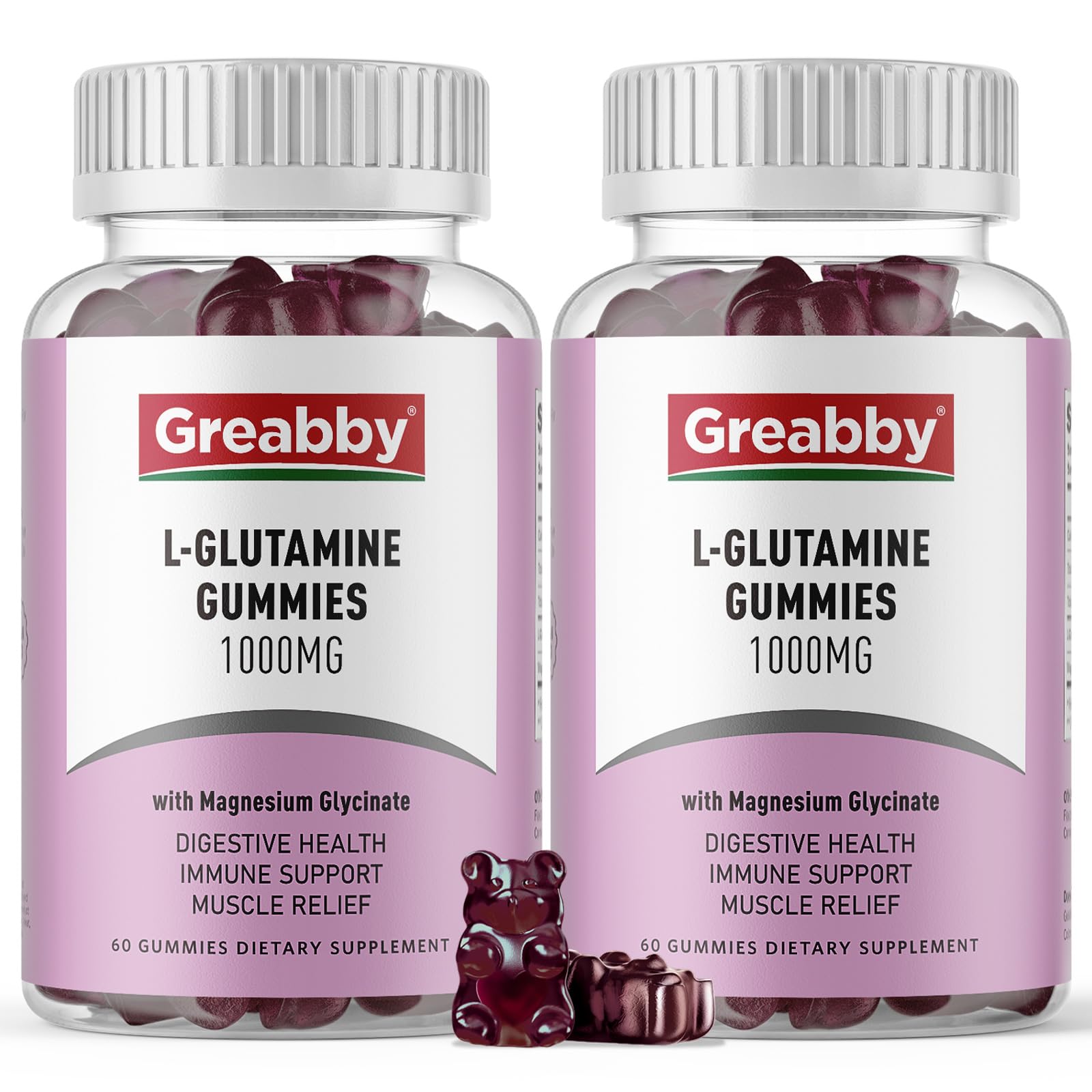 GREABBY L-Glutamine gummies bottle showing 1000mg serving, convenient daily use
