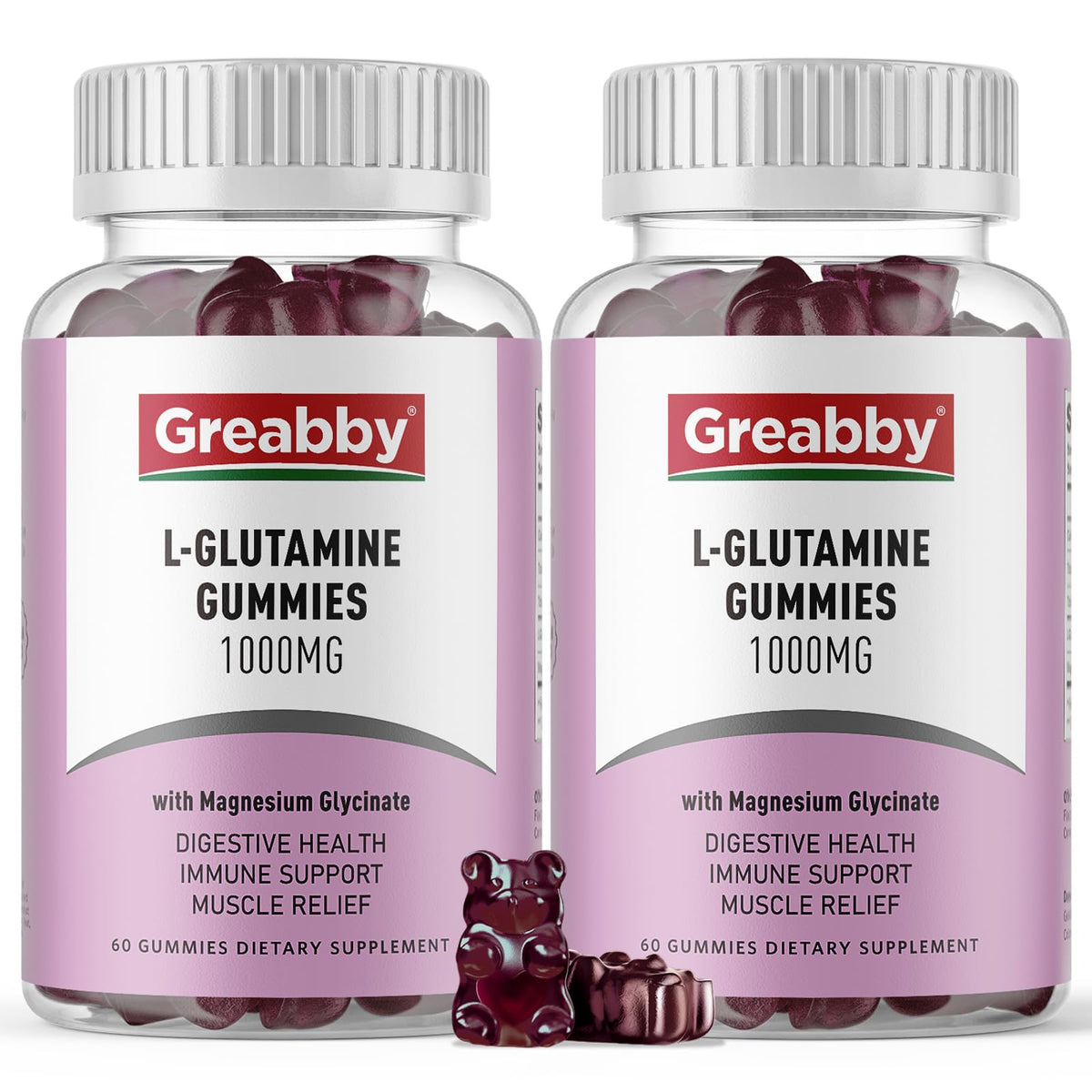 GREABBY L-Glutamine gummies bottle showing 1000mg serving, convenient daily use