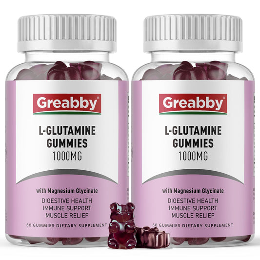 GREABBY L-Glutamine gummies bottle showing 1000mg serving, convenient daily use