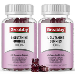 GREABBY L-Glutamine gummies bottle showing 1000mg serving, convenient daily use