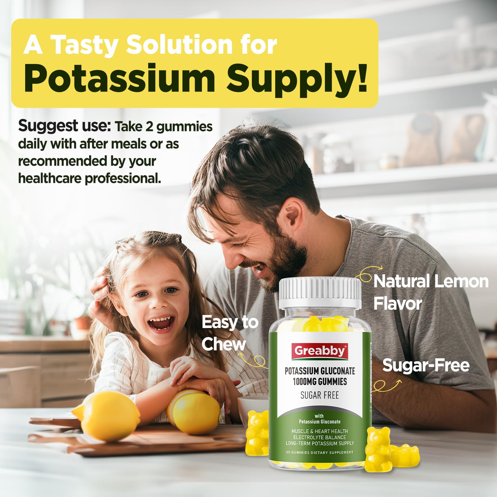 GREABBY Potassium Gluconate Gummies lemon closeup highlights tasty sugar-free flavor