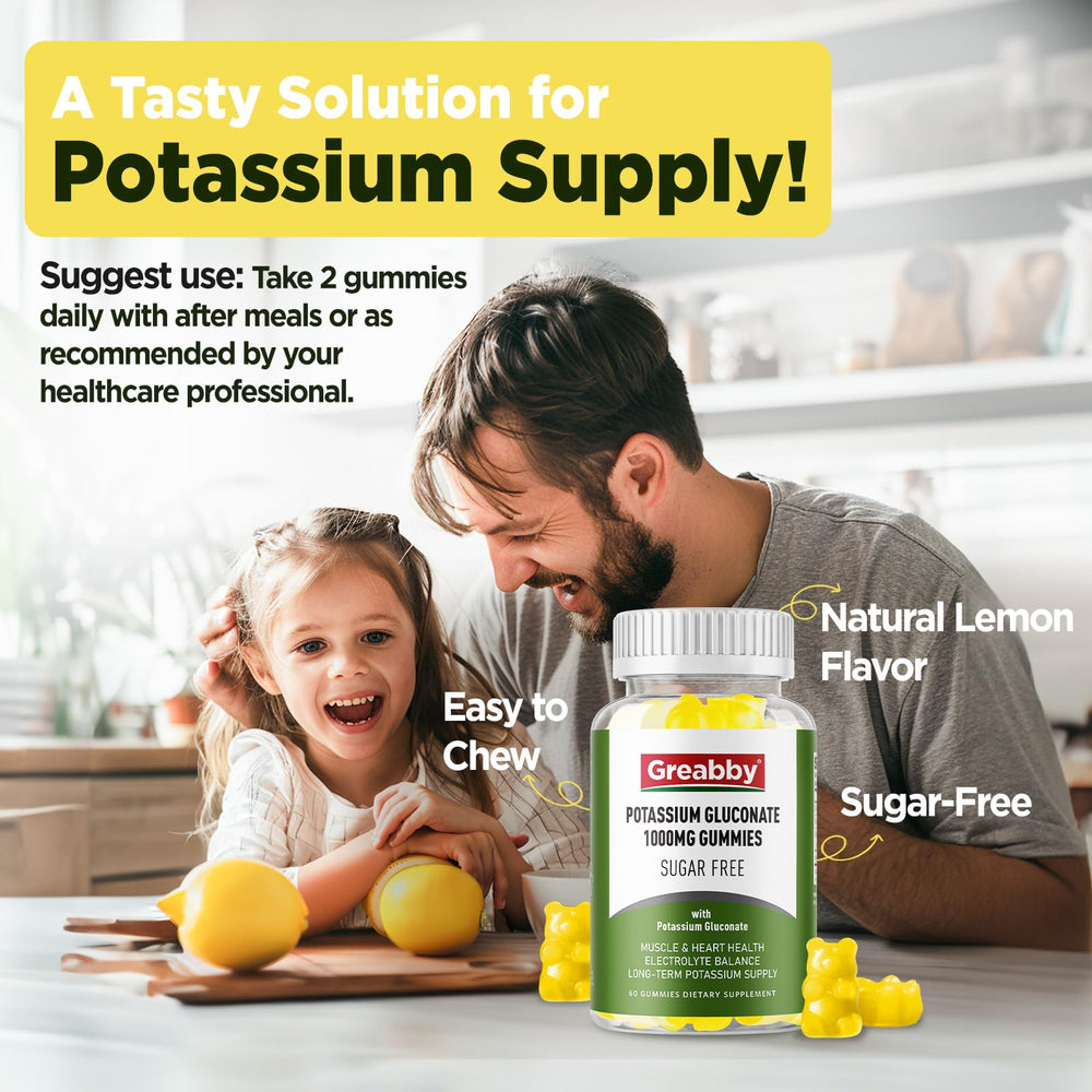 GREABBY Potassium Gluconate Gummies lemon closeup highlights tasty sugar-free flavor