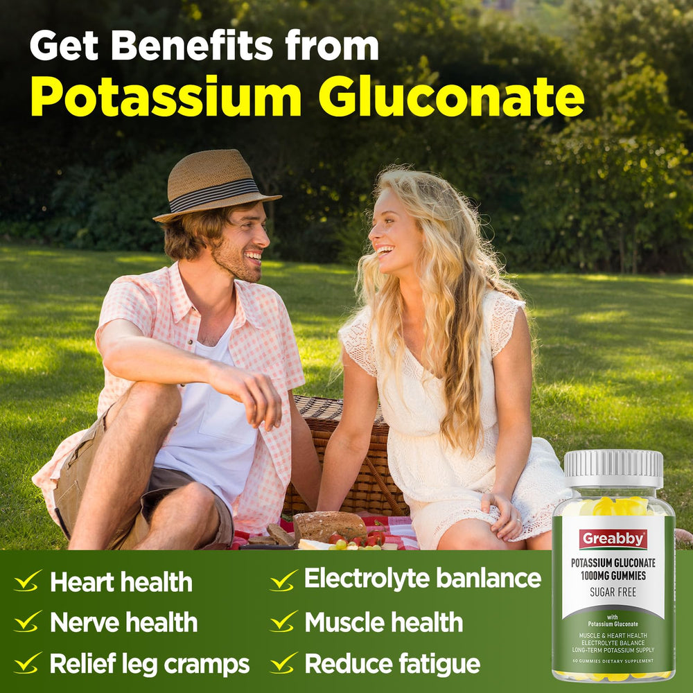 GREABBY Potassium Gluconate Gummies packaging back reveals dosage and instructions