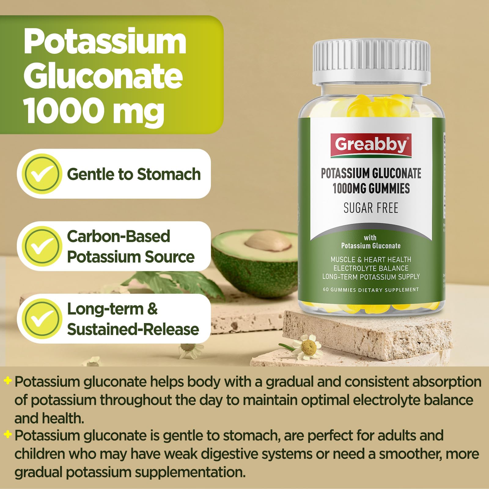 GREABBY Potassium Gluconate Gummies sugar-free label emphasizes clean vegan formula