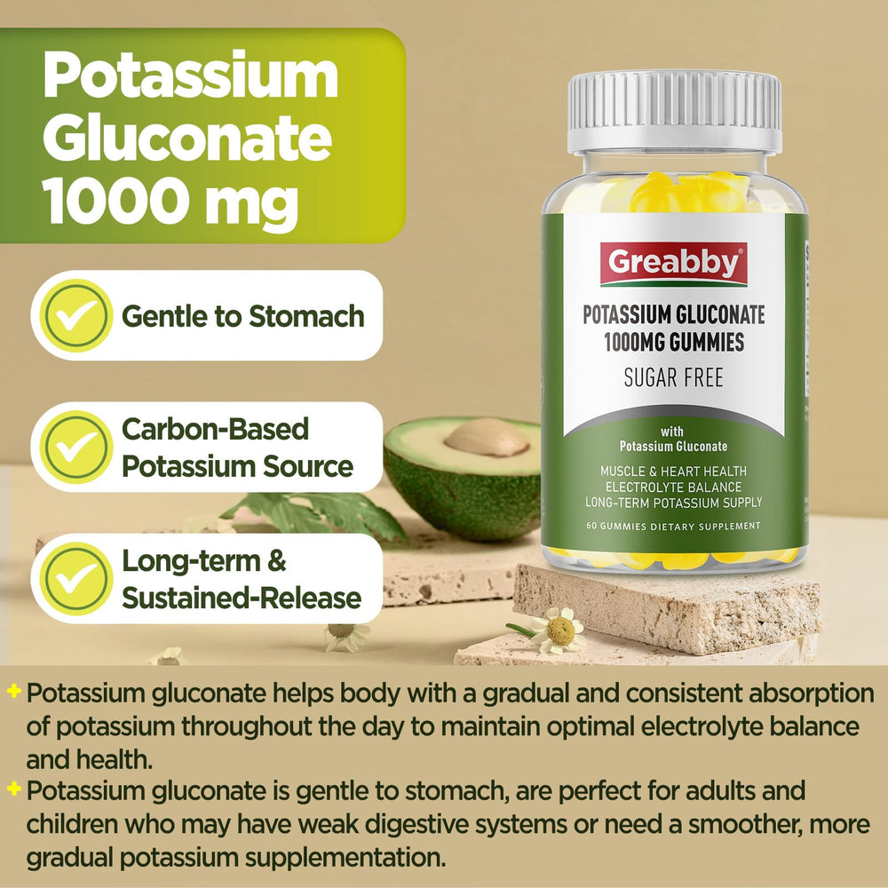 GREABBY Potassium Gluconate Gummies sugar-free label emphasizes clean vegan formula