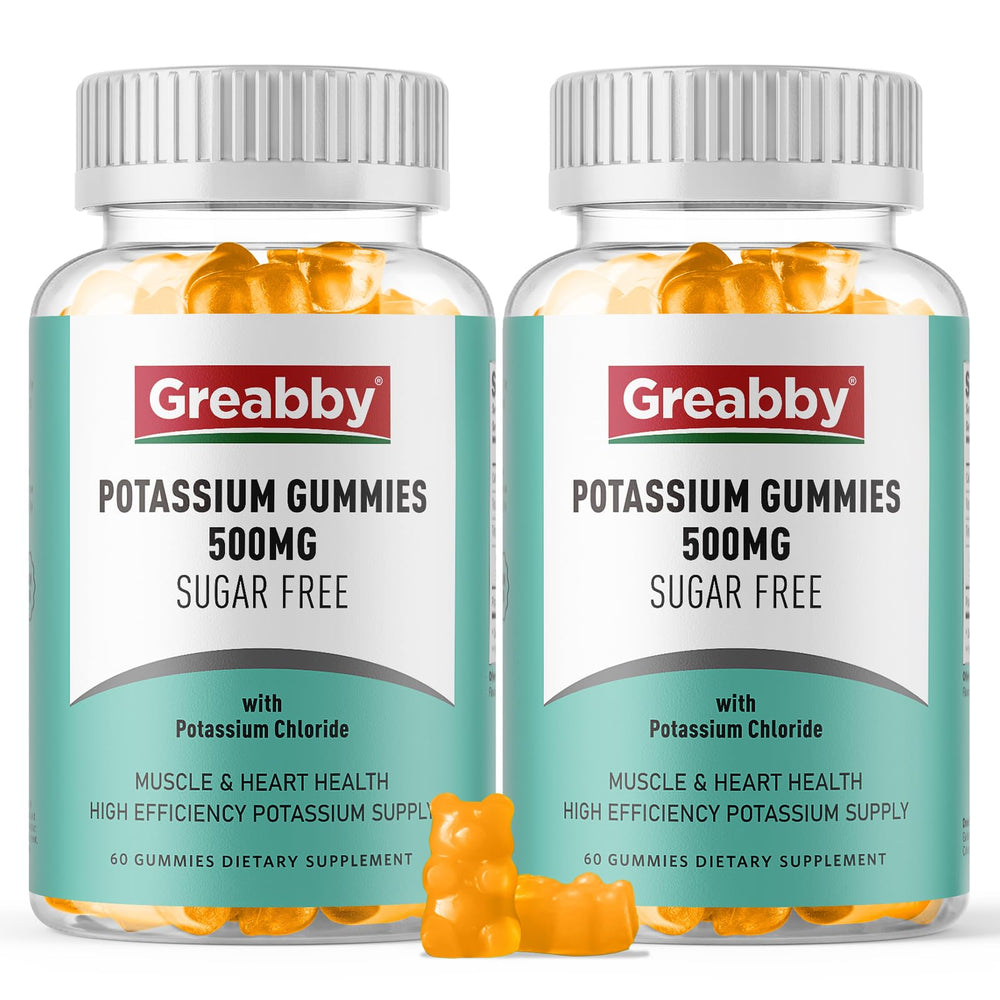 GREABBY Potassium Gummies bottle on a clean countertop, supporting daily electrolyte balance.
