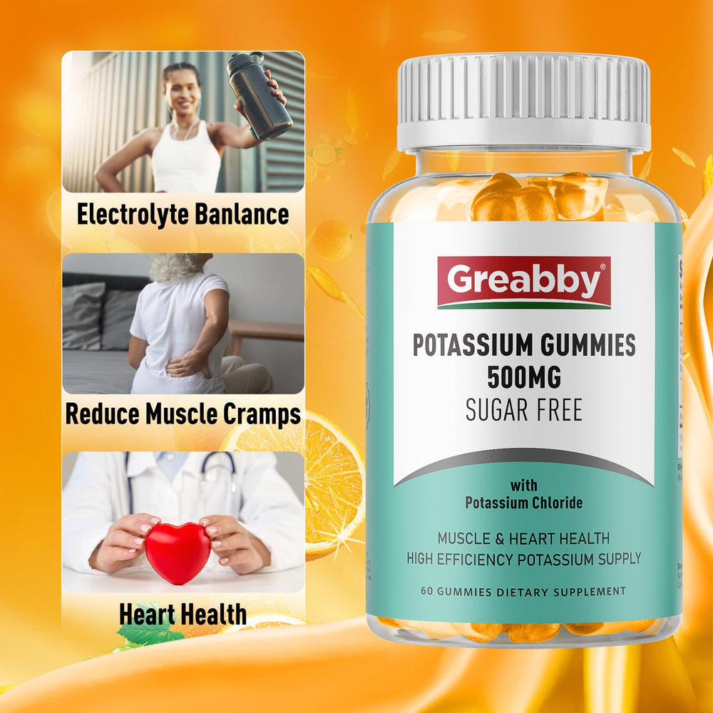 GREABBY Potassium Gummies ingredient panel emphasizes natural ingredients.