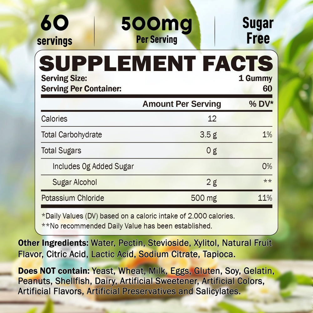 GREABBY Potassium Gummies packaging highlighting 500 mg per gummy.