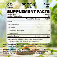 GREABBY Potassium Gummies packaging highlighting 500 mg per gummy.