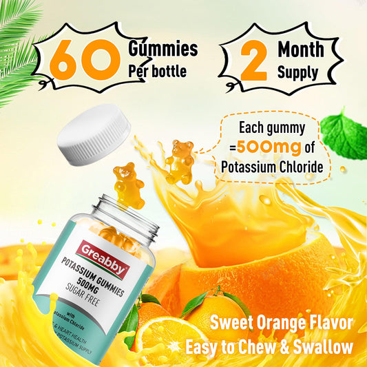 GREABBY Potassium Gummies close-up texture shows a chewy, sugar-free supplement.