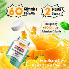 GREABBY Potassium Gummies close-up texture shows a chewy, sugar-free supplement.