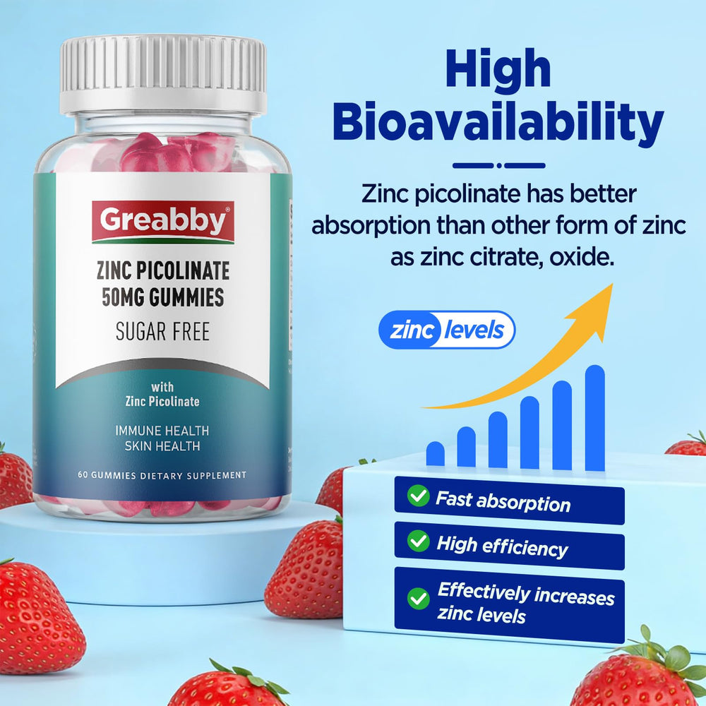 GREABBY zinc-picolinate gummies bottle back label shows dosage information.