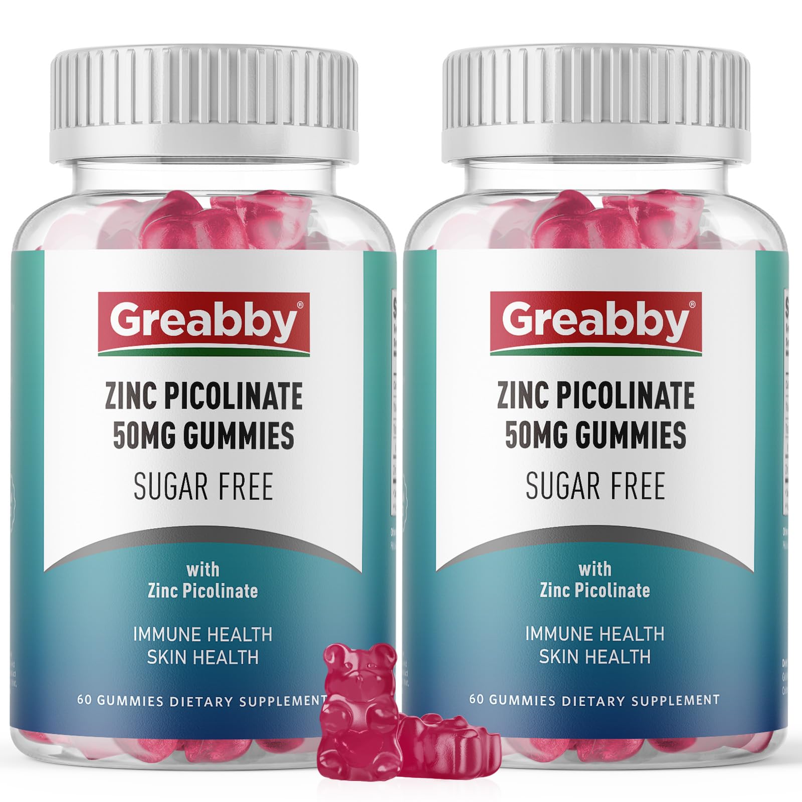 GREABBY zinc-picolinate gummies bottle front; vegan and sugar-free daily support.