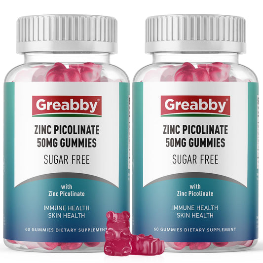 GREABBY zinc-picolinate gummies bottle front; vegan and sugar-free daily support.