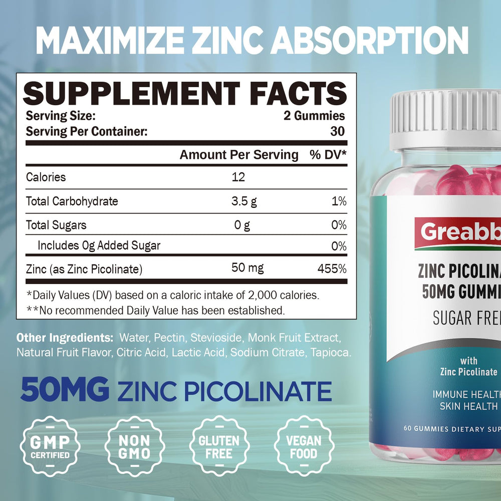 GREABBY zinc-picolinate gummies vegan formula and GMP-certified manufacturing.