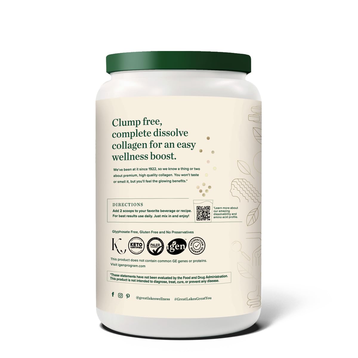 Great Lakes Wellness bovine collagen powder label close-up highlighting non-GMO formula.