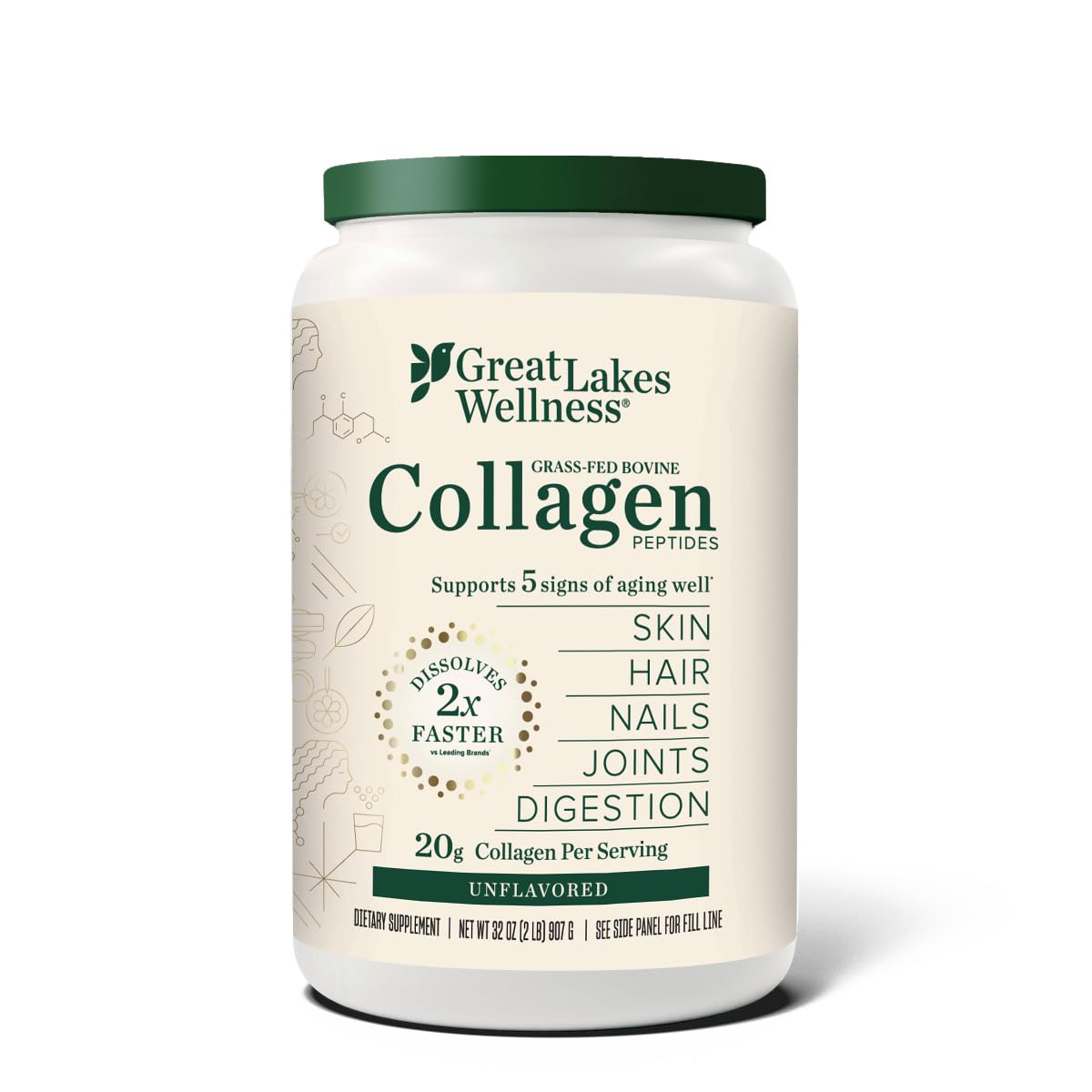 Great Lakes Wellness bovine collagen powder tub for daily unflavored servings.