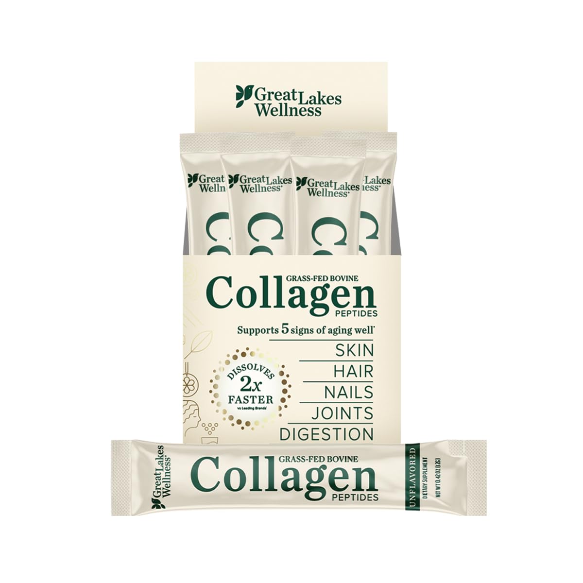 Great Lakes Wellness collagen peptides stick-pack for convenient daily dose.
