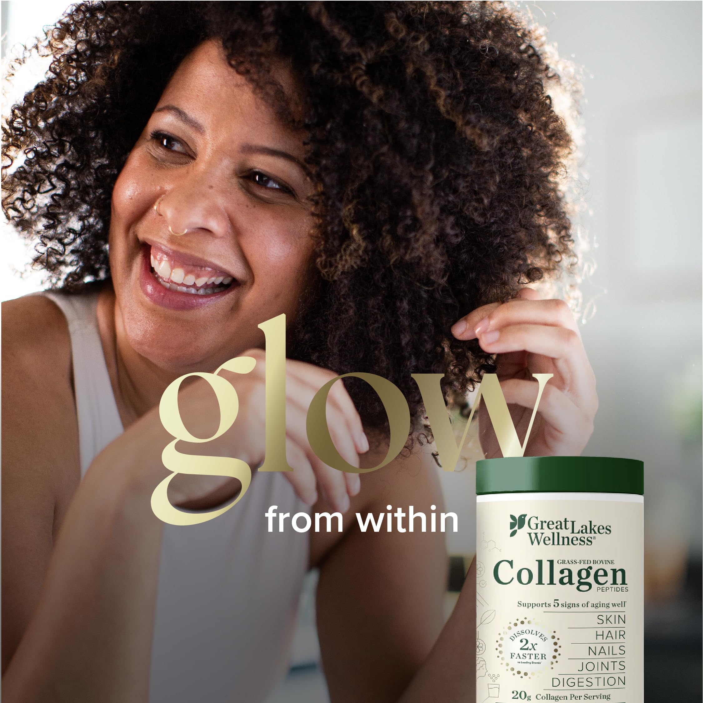 Great Lakes Wellness collagen powder dissolving in glass of water for quick mix.