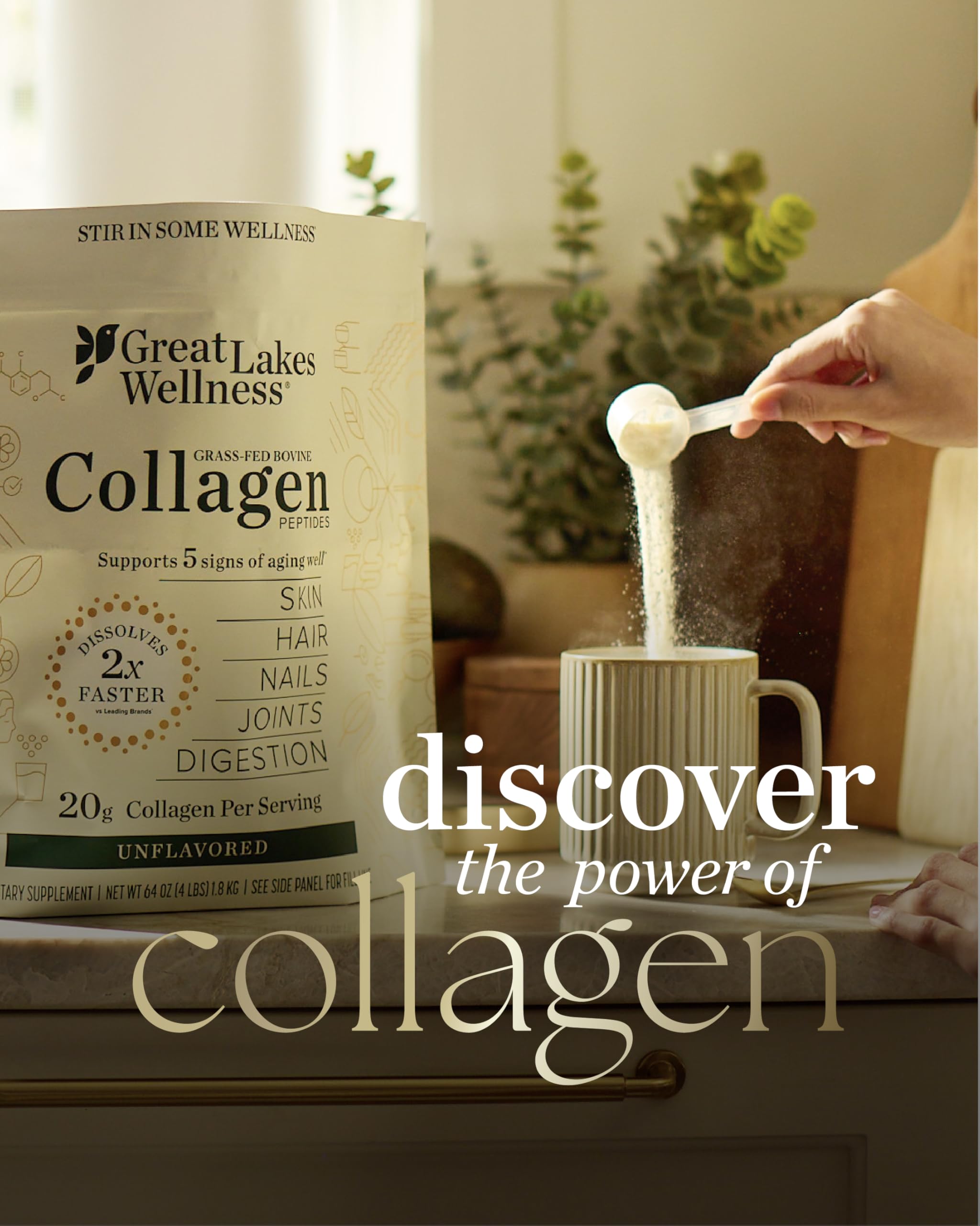 Great Lakes Wellness collagen powder label shows non-GMO and kosher attributes.
