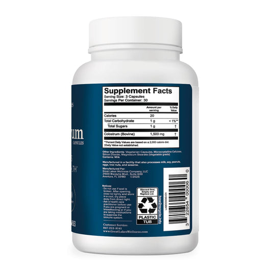 Great Lakes Wellness colostrum capsules close-up showing 1500mg serving.